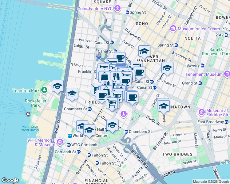map of restaurants, bars, coffee shops, grocery stores, and more near 66 Leonard Street in New York