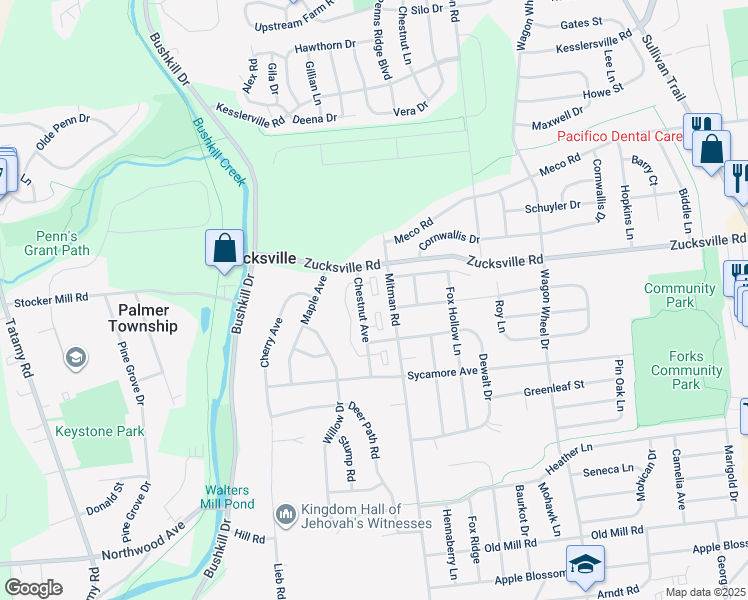 map of restaurants, bars, coffee shops, grocery stores, and more near 5 Tamarack Court in Easton