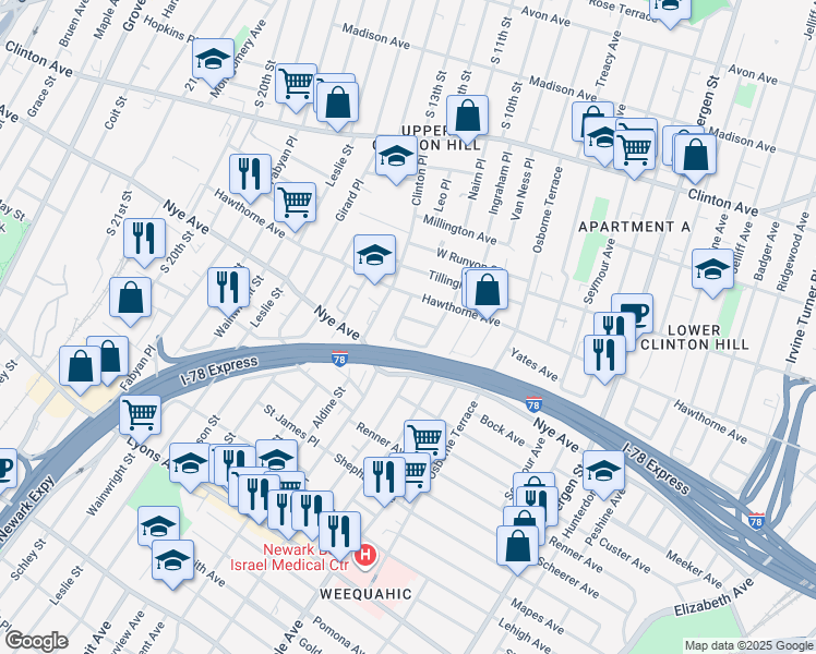 map of restaurants, bars, coffee shops, grocery stores, and more near 24 Patten Place in Newark