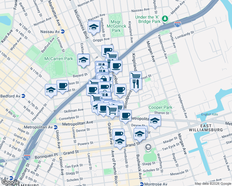 map of restaurants, bars, coffee shops, grocery stores, and more near in Brooklyn