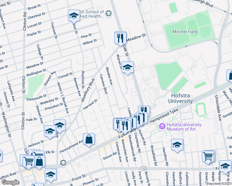 map of restaurants, bars, coffee shops, grocery stores, and more near 162 Rhodes Avenue in Hempstead