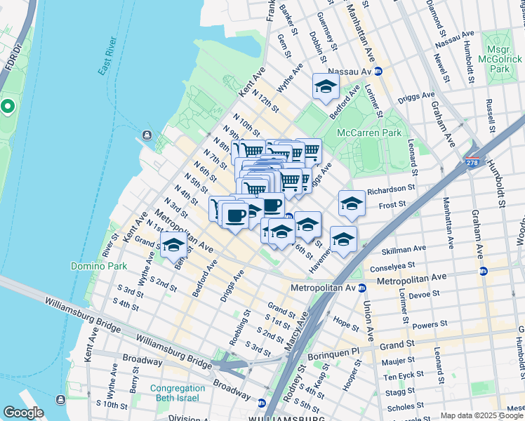 map of restaurants, bars, coffee shops, grocery stores, and more near 184 Bedford Avenue in Brooklyn