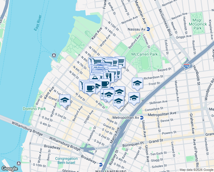 map of restaurants, bars, coffee shops, grocery stores, and more near Bedford Avenue in Brooklyn