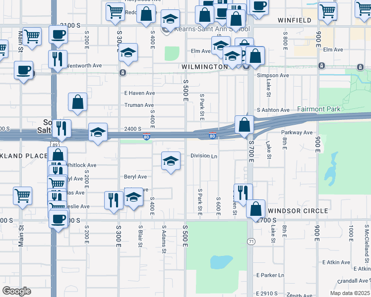 map of restaurants, bars, coffee shops, grocery stores, and more near 2458 South 500 East in Salt Lake City