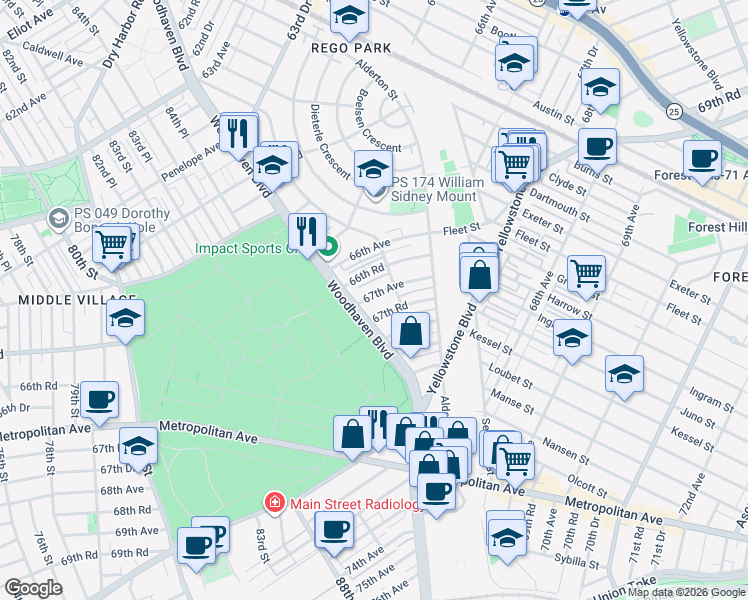 map of restaurants, bars, coffee shops, grocery stores, and more near 85-22 67th Avenue in Queens