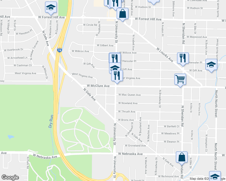 map of restaurants, bars, coffee shops, grocery stores, and more near 2411 North University Street in Peoria