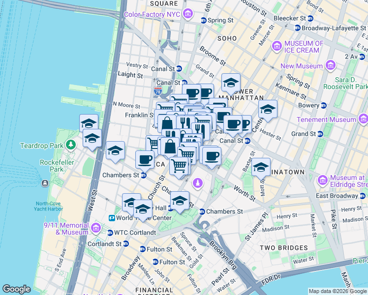 map of restaurants, bars, coffee shops, grocery stores, and more near 66 Leonard Street in New York