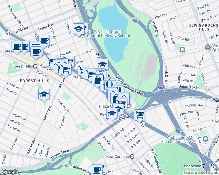 map of restaurants, bars, coffee shops, grocery stores, and more near 113-29 Queens Boulevard in Queens