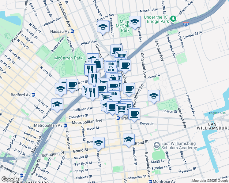 map of restaurants, bars, coffee shops, grocery stores, and more near Graham Ave & Withers St in Brooklyn