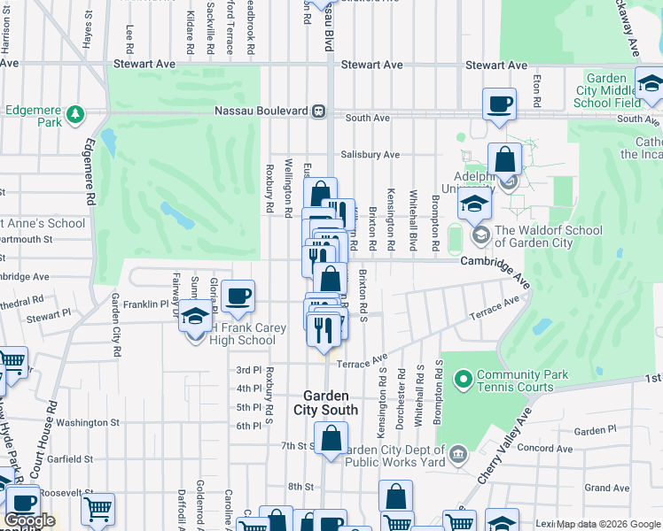map of restaurants, bars, coffee shops, grocery stores, and more near 114 Cambridge Avenue in Garden City