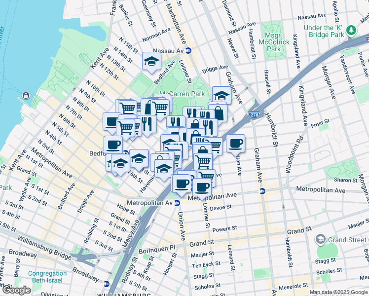 map of restaurants, bars, coffee shops, grocery stores, and more near 15 Frost Street in Brooklyn
