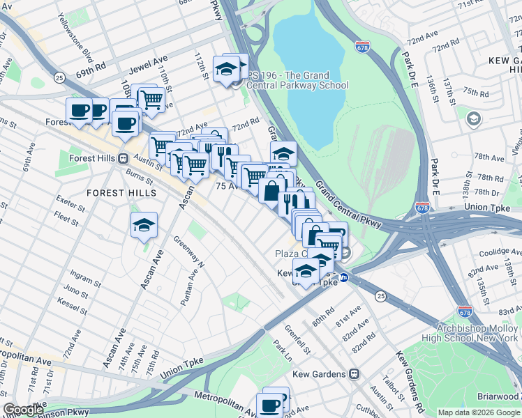map of restaurants, bars, coffee shops, grocery stores, and more near 11110 76th Avenue in Queens