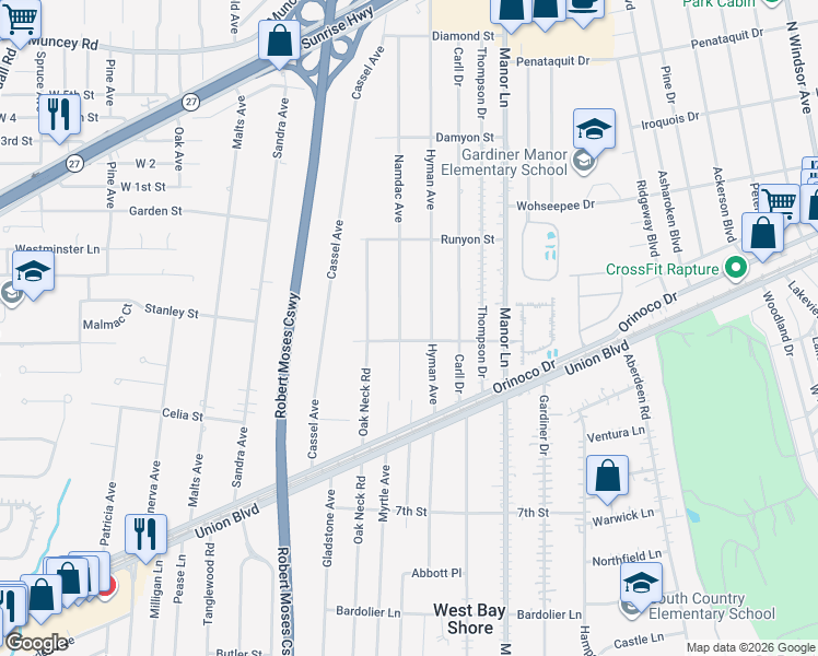map of restaurants, bars, coffee shops, grocery stores, and more near 1099 Namdac Avenue in Bay Shore