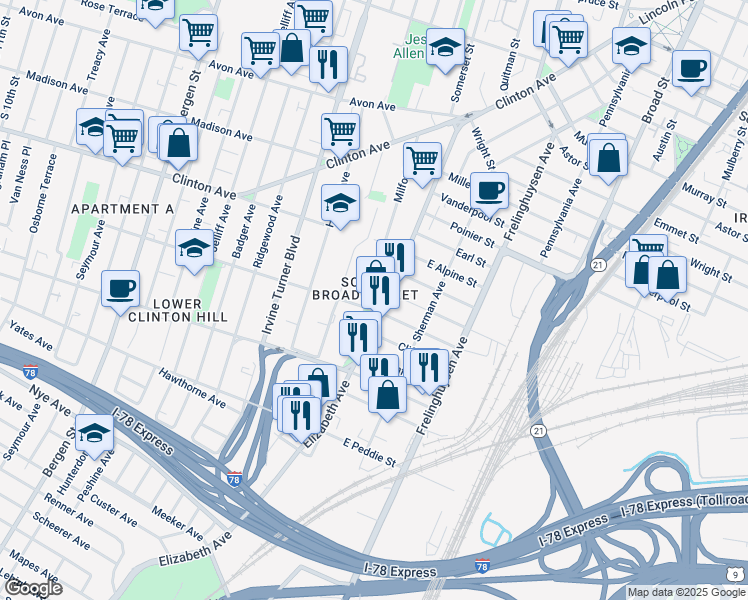 map of restaurants, bars, coffee shops, grocery stores, and more near 148 Milford Avenue in Newark