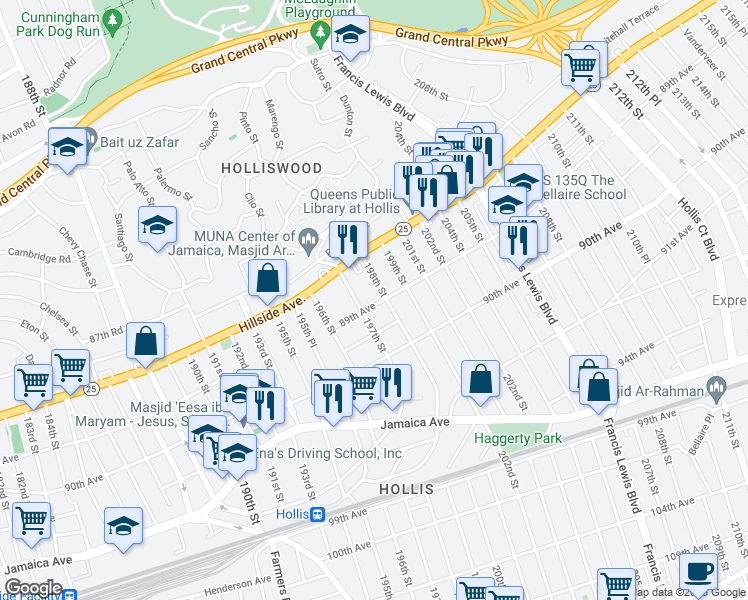 map of restaurants, bars, coffee shops, grocery stores, and more near 197-17 89th Avenue in Queens