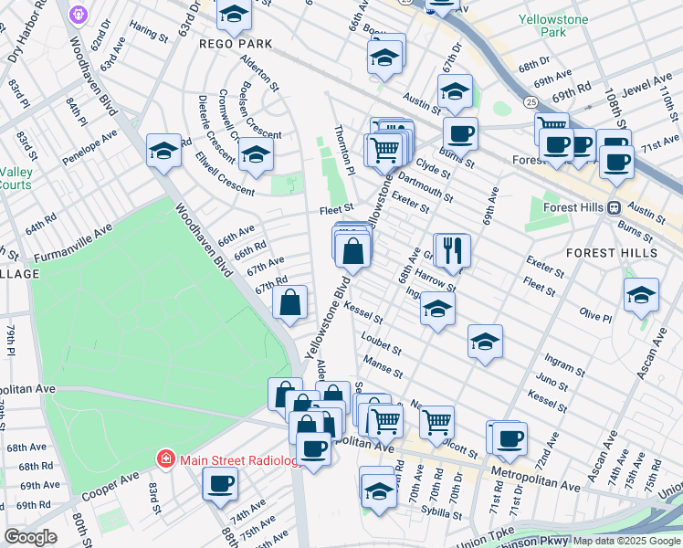 map of restaurants, bars, coffee shops, grocery stores, and more near 7307 Yellowstone Boulevard in Queens