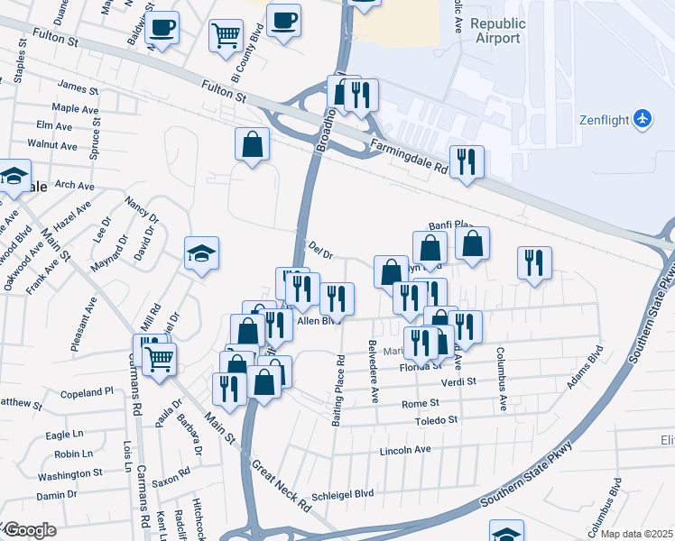 map of restaurants, bars, coffee shops, grocery stores, and more near 309 Del Drive in Farmingdale
