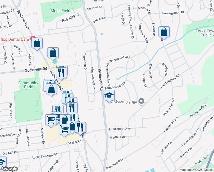map of restaurants, bars, coffee shops, grocery stores, and more near 6 Ramblewood Dr in Easton