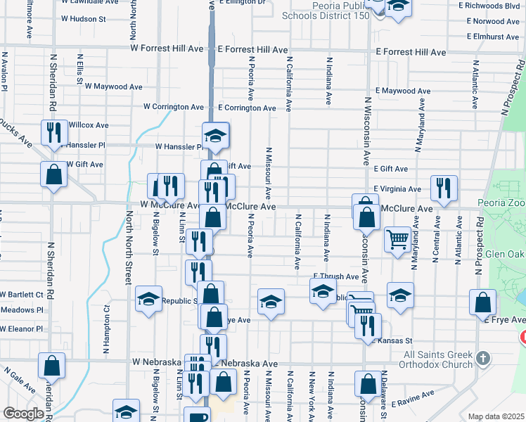 map of restaurants, bars, coffee shops, grocery stores, and more near 308 East McClure Avenue in Peoria
