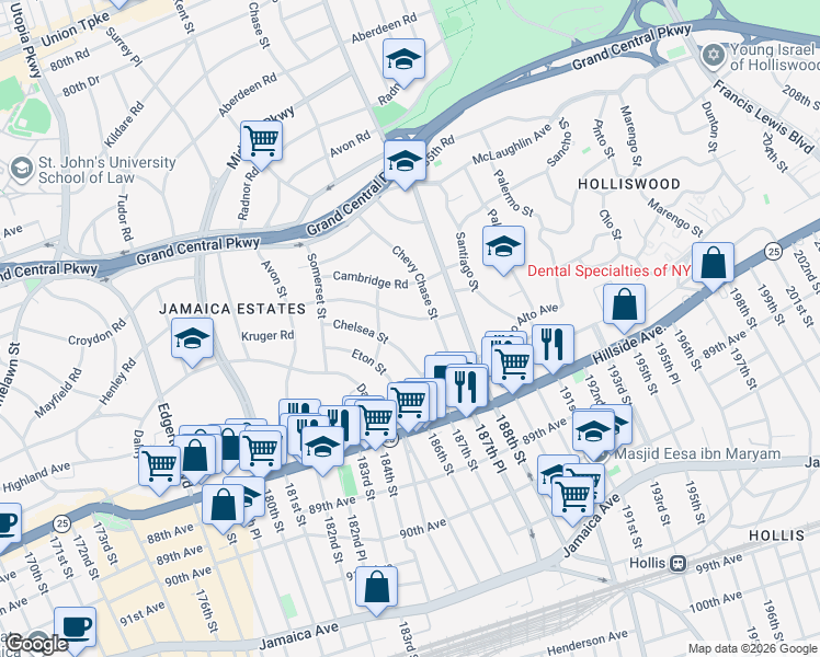 map of restaurants, bars, coffee shops, grocery stores, and more near 186-24 Henley Road in Queens