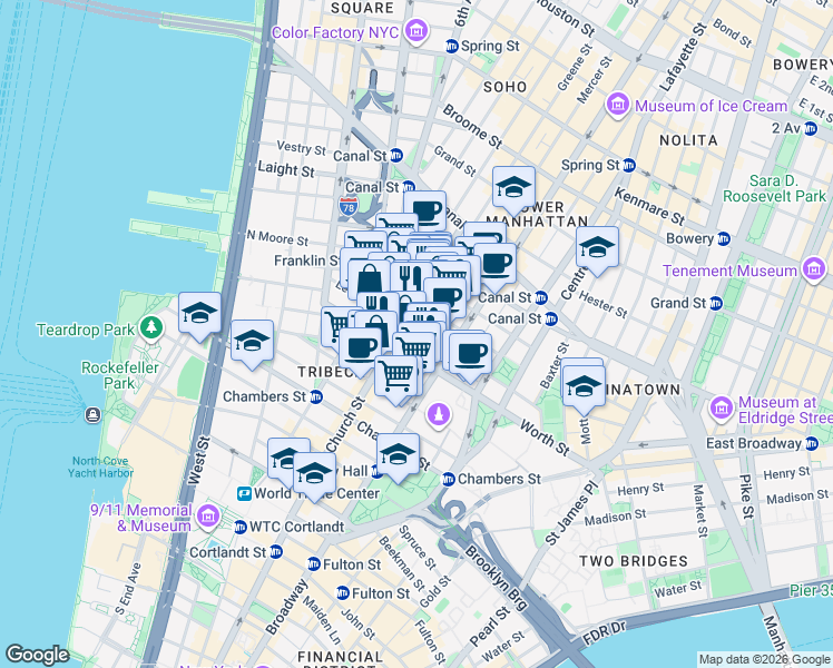 map of restaurants, bars, coffee shops, grocery stores, and more near 66 Leonard Street in New York