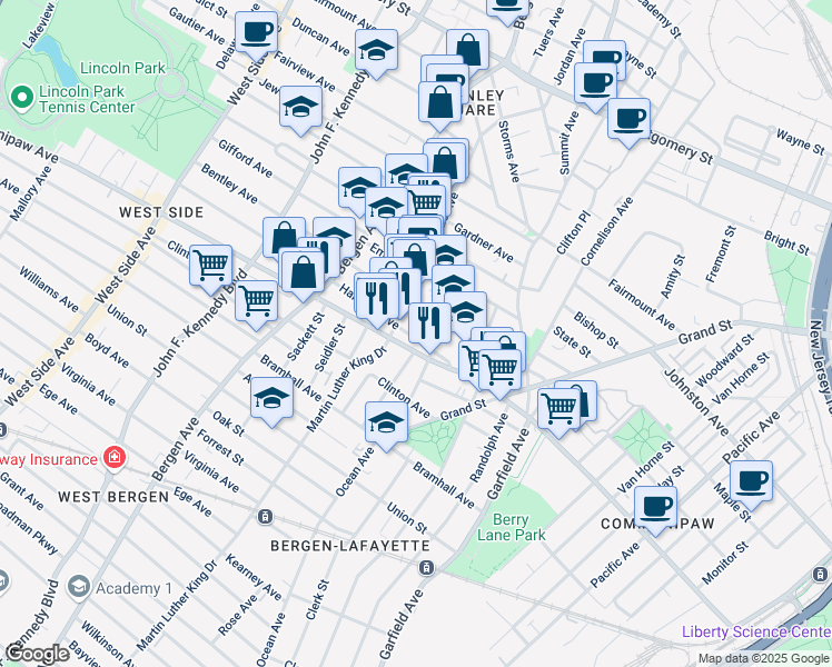 map of restaurants, bars, coffee shops, grocery stores, and more near 52 Harrison Avenue in Jersey City
