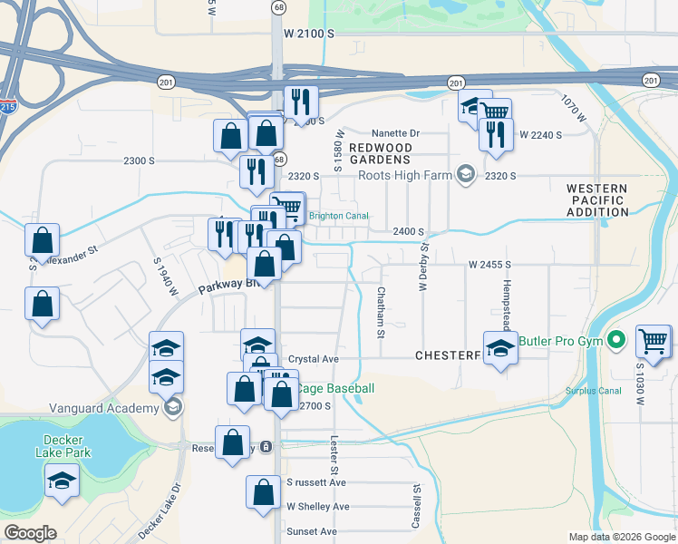 map of restaurants, bars, coffee shops, grocery stores, and more near 1579 Blue Grouse Way in West Valley City