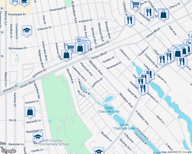 map of restaurants, bars, coffee shops, grocery stores, and more near 308 Plymouth Avenue in Brightwaters