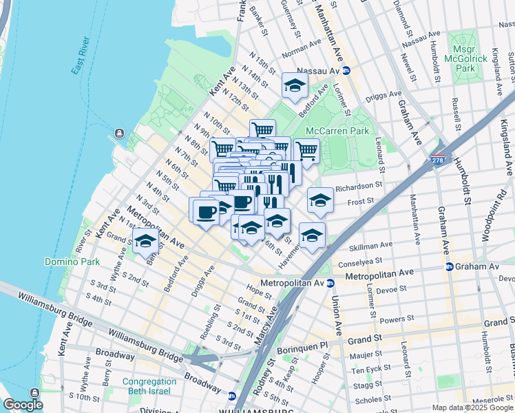map of restaurants, bars, coffee shops, grocery stores, and more near 534 Driggs Avenue in Brooklyn