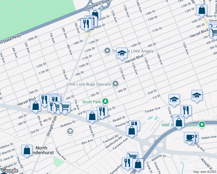 map of restaurants, bars, coffee shops, grocery stores, and more near 934 5th Street in West Babylon