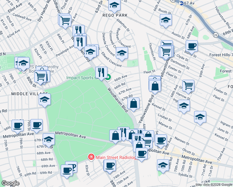 map of restaurants, bars, coffee shops, grocery stores, and more near 85-2 66th Road in Queens