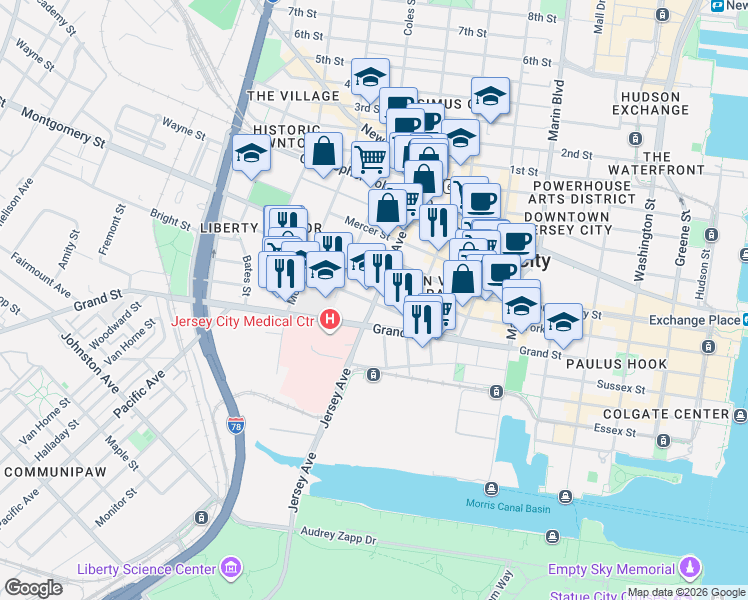 map of restaurants, bars, coffee shops, grocery stores, and more near 441 Jersey Avenue in Jersey City