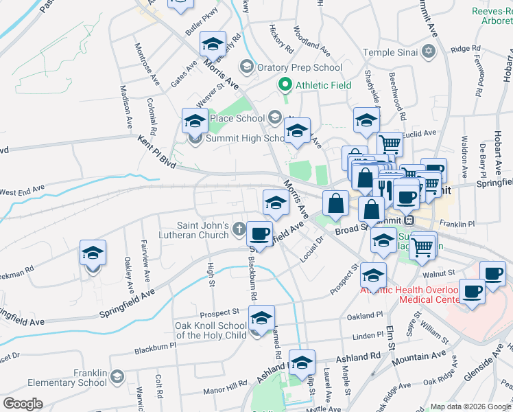 map of restaurants, bars, coffee shops, grocery stores, and more near 67B New England Avenue in Summit
