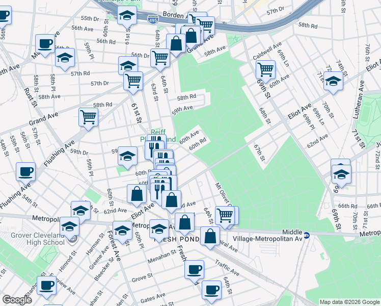 map of restaurants, bars, coffee shops, grocery stores, and more near Mount Olivet Crescent in Queens