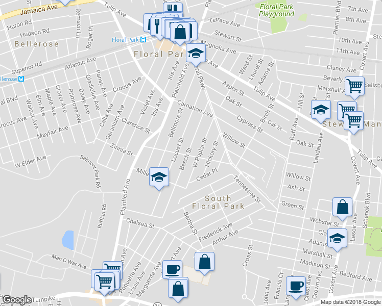 map of restaurants, bars, coffee shops, grocery stores, and more near 103 Cherry Street in Floral Park