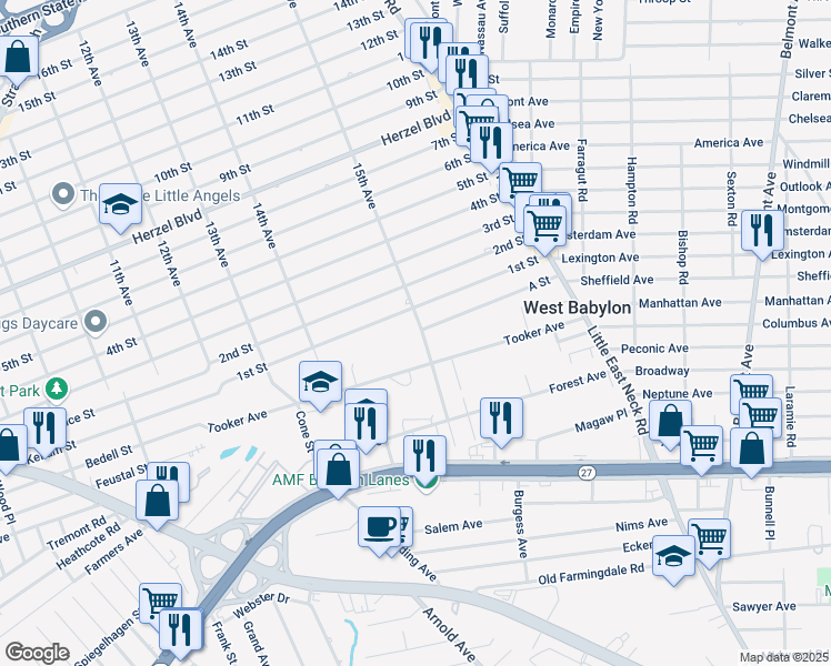 map of restaurants, bars, coffee shops, grocery stores, and more near 29 15th Avenue in West Babylon