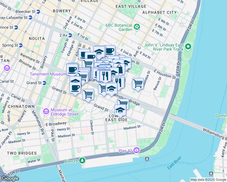 map of restaurants, bars, coffee shops, grocery stores, and more near Delancey St & Ridge St in New York
