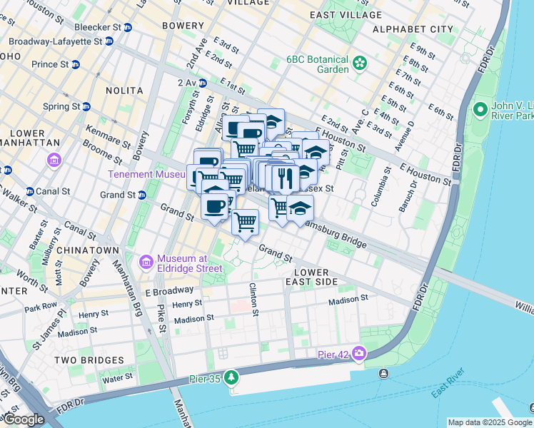 map of restaurants, bars, coffee shops, grocery stores, and more near 180 Broome Street in New York