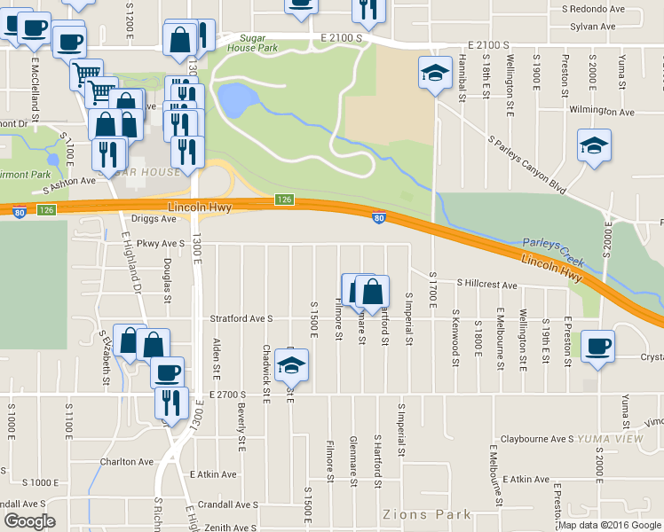 map of restaurants, bars, coffee shops, grocery stores, and more near 2491 South 1500 East in Salt Lake City