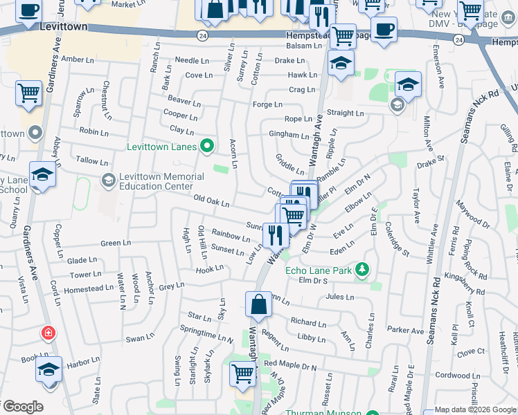 map of restaurants, bars, coffee shops, grocery stores, and more near 127 Old Oak Lane in Levittown