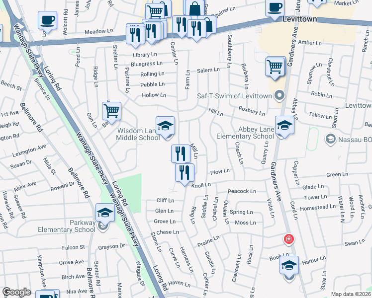 map of restaurants, bars, coffee shops, grocery stores, and more near 28 Mill Lane in Levittown