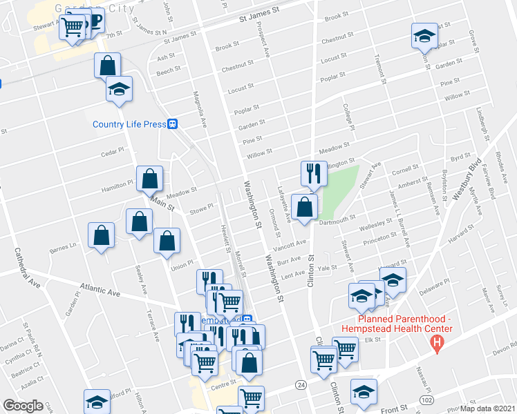 map of restaurants, bars, coffee shops, grocery stores, and more near 319 Washington Street in Hempstead