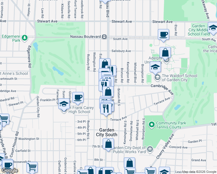 map of restaurants, bars, coffee shops, grocery stores, and more near 114 Cambridge Avenue in Garden City