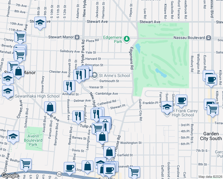 map of restaurants, bars, coffee shops, grocery stores, and more near 5 Middleton Road in Garden City