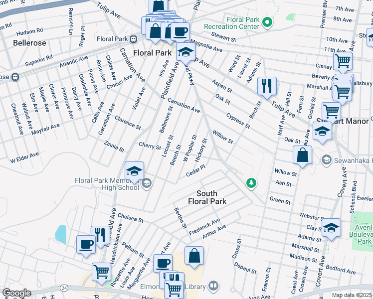 map of restaurants, bars, coffee shops, grocery stores, and more near 103 Cherry Street in Floral Park