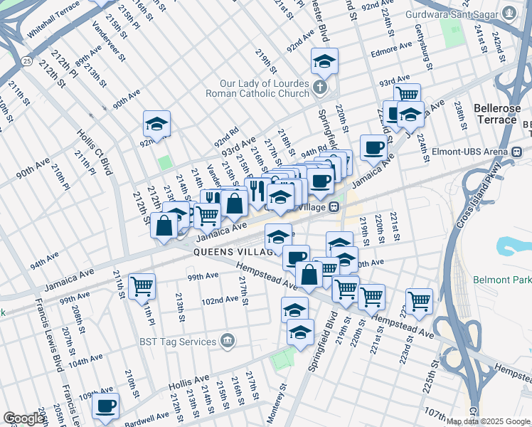 map of restaurants, bars, coffee shops, grocery stores, and more near 215-21 Jamaica Avenue in Queens