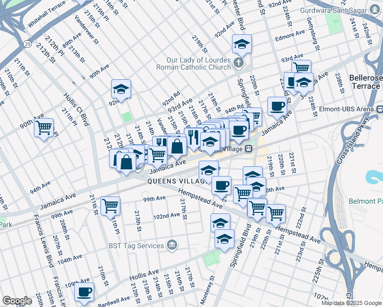 map of restaurants, bars, coffee shops, grocery stores, and more near 94-26 215th Street in Queens