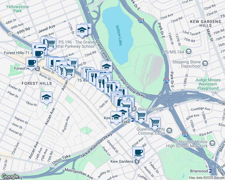 map of restaurants, bars, coffee shops, grocery stores, and more near 113-29 Queens Boulevard in Queens