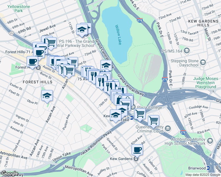 map of restaurants, bars, coffee shops, grocery stores, and more near 113-29 Queens Boulevard in Queens