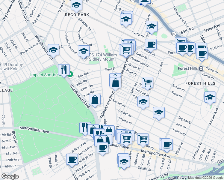 map of restaurants, bars, coffee shops, grocery stores, and more near 7307 Yellowstone Boulevard in Queens